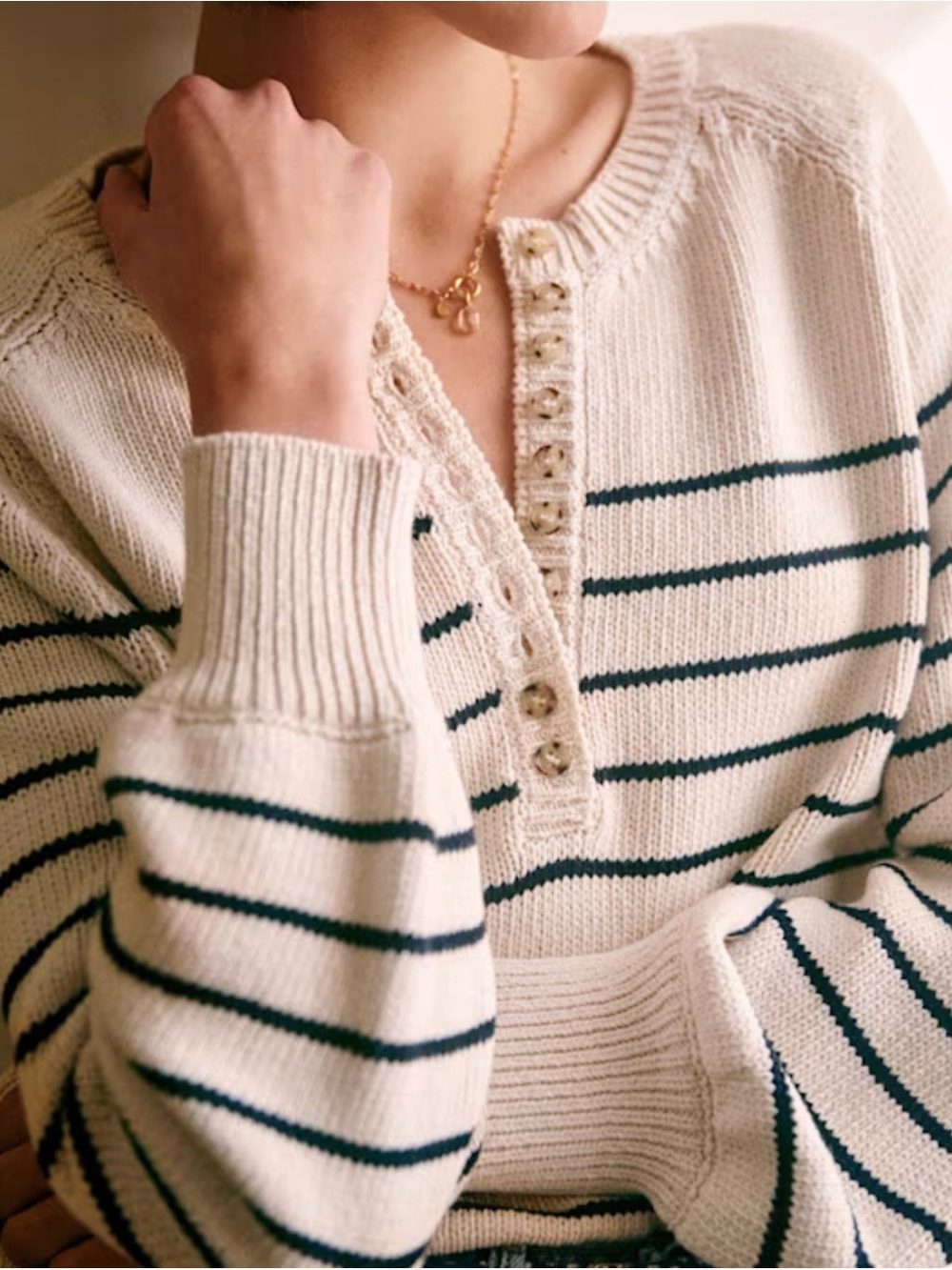 Cream Striped Knit Henley Sweater with Navy Lines